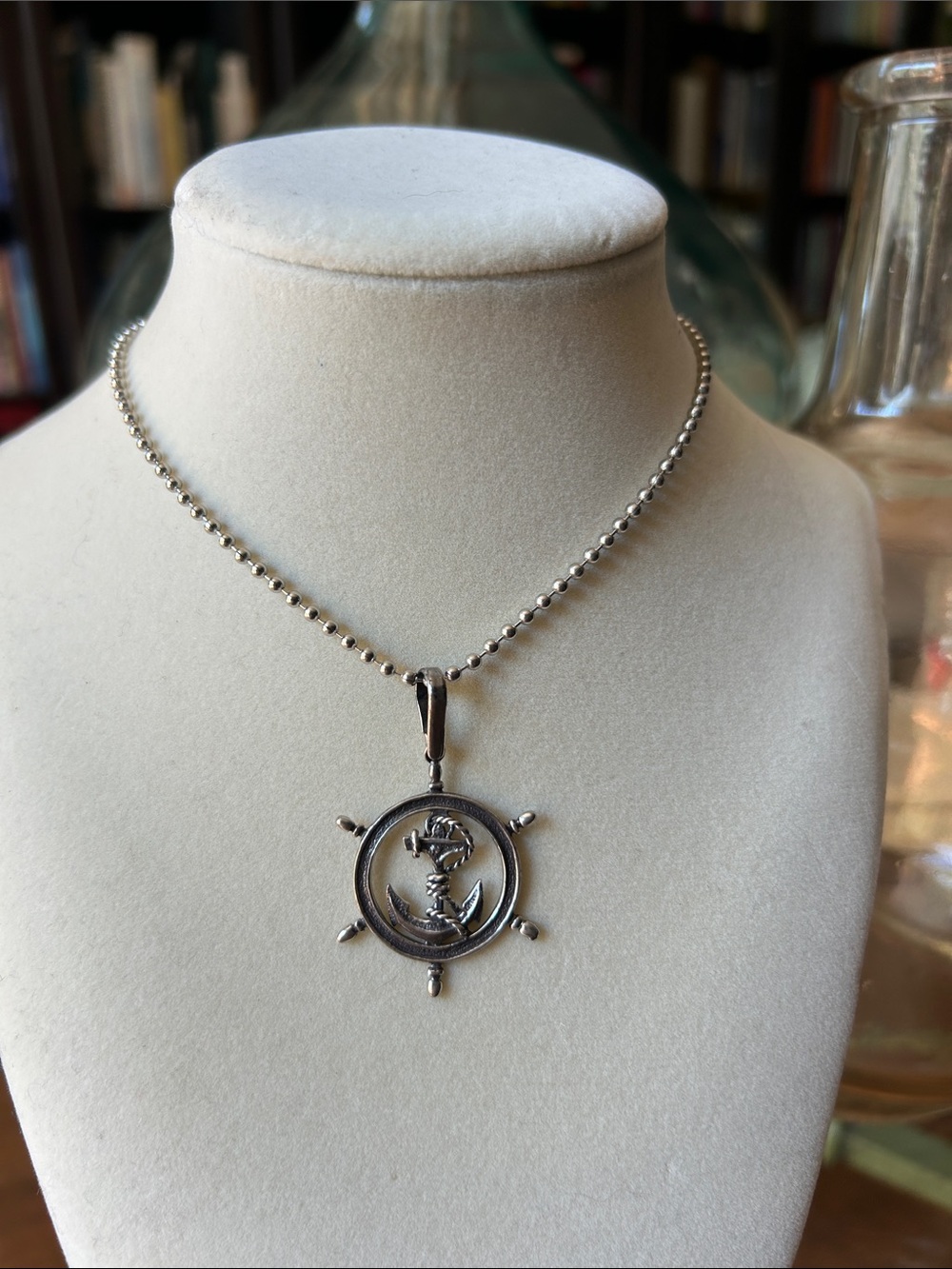 Sterling Silver Nautical Anchor Wheel Pendant Necklace on Silver Toned Chain